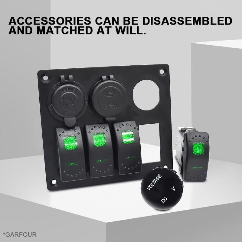 Garfour Green Marine Waterproof Red Boat Switch Panel Aluminium Panel with 12V Voltmeter Type-C and QC3.0 USB Charging Socket Rocker Witch Panel for Car Boat - Image 4